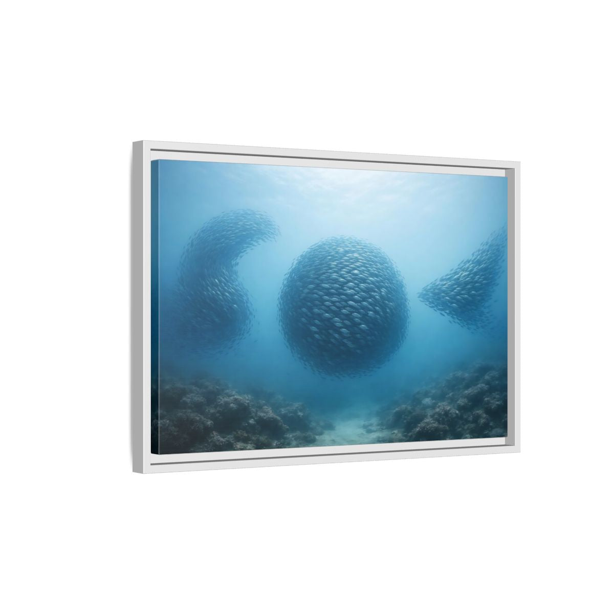 Side Mockup 1. Nature School Of Fish Blue Underwater shown as stretched canvas wall art
