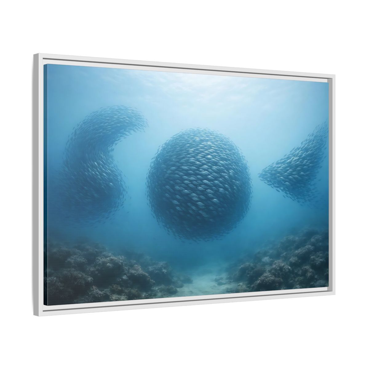 Side Mockup 9. Nature School Of Fish Blue Underwater shown as stretched canvas wall art