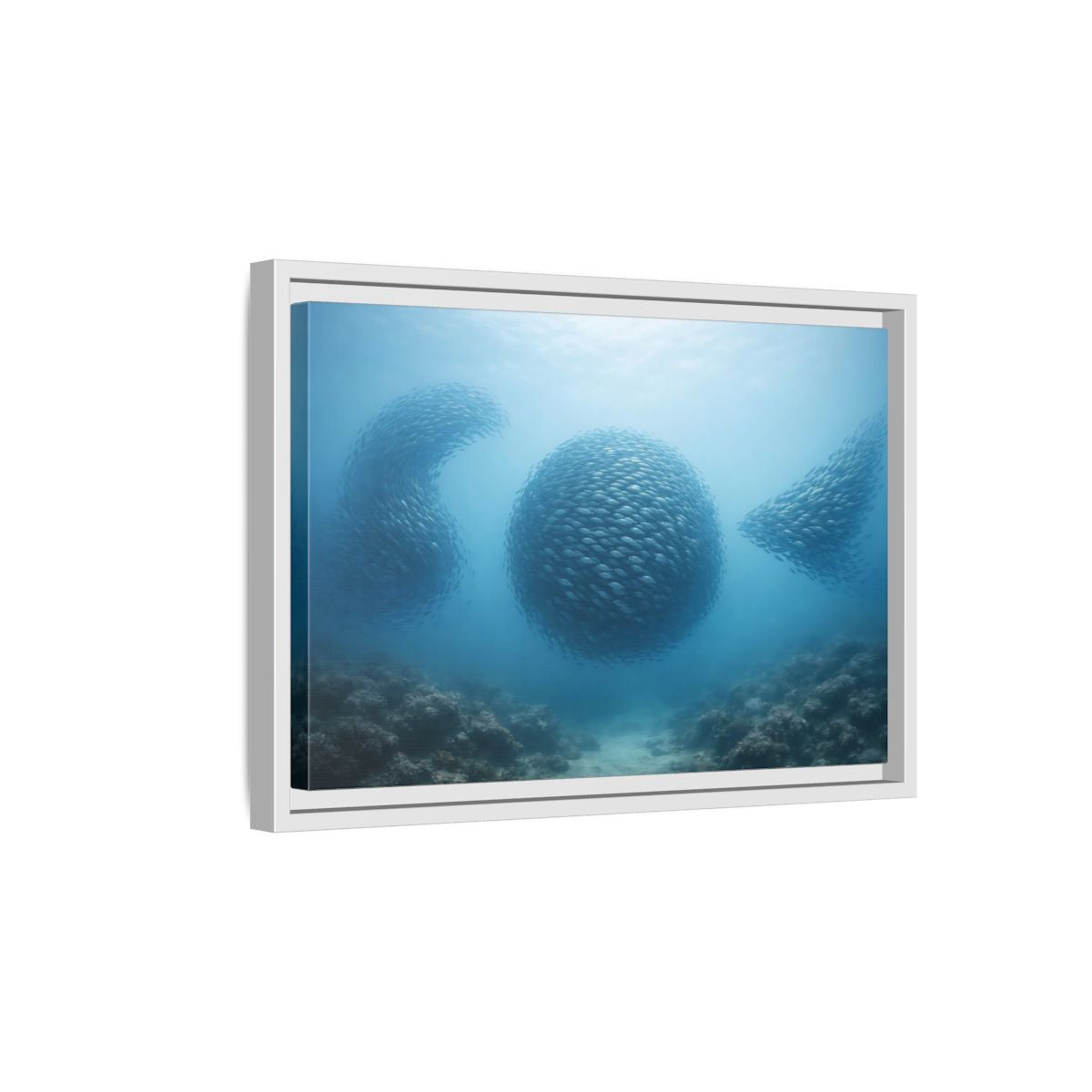 Side Mockup 4. Nature School Of Fish Blue Underwater shown as stretched canvas wall art