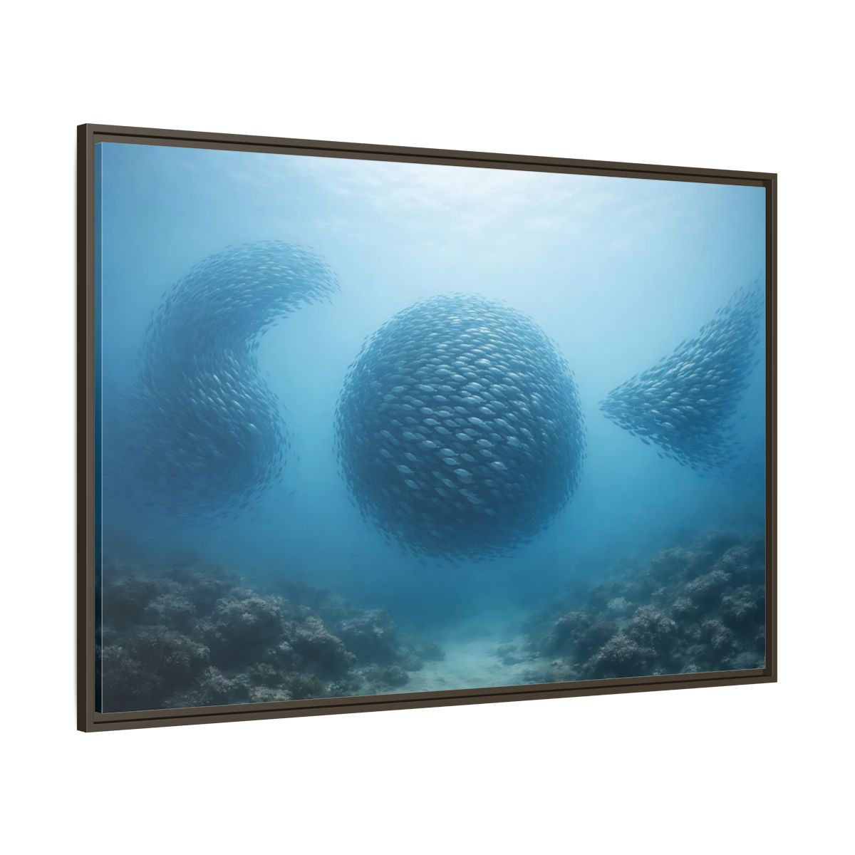 Side Mockup 8. Nature School Of Fish Blue Underwater shown as stretched canvas wall art