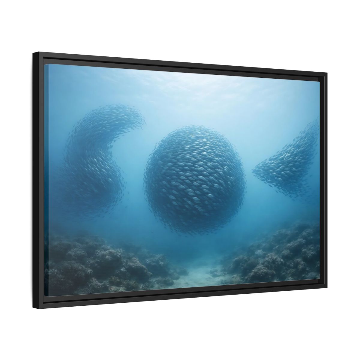 Side Mockup 14. Nature School Of Fish Blue Underwater shown as stretched canvas wall art