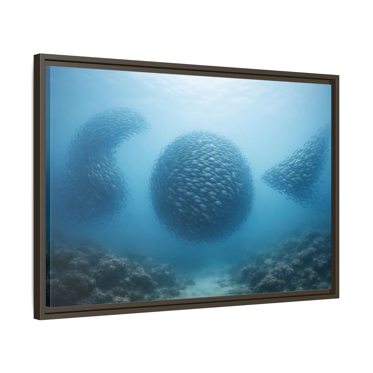 Side Mockup 11. Nature School Of Fish Blue Underwater shown as stretched canvas wall art