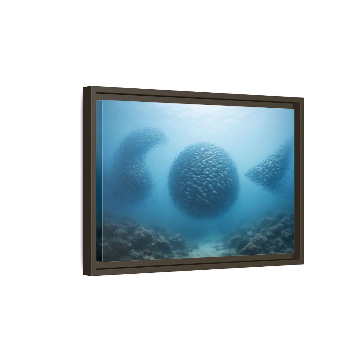 Side Mockup 5. Nature School Of Fish Blue Underwater shown as stretched canvas wall art