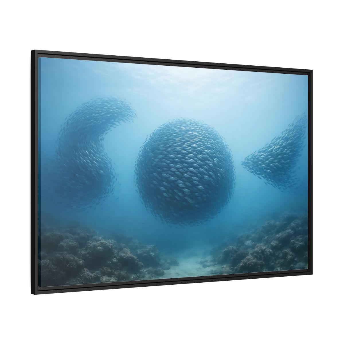 Side Mockup 12. Nature School Of Fish Blue Underwater shown as stretched canvas wall art