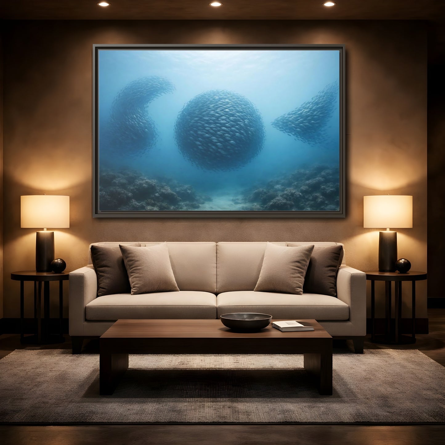 Mockup 2. Nature School Of Fish Blue Underwater shown as stretched canvas wall art
