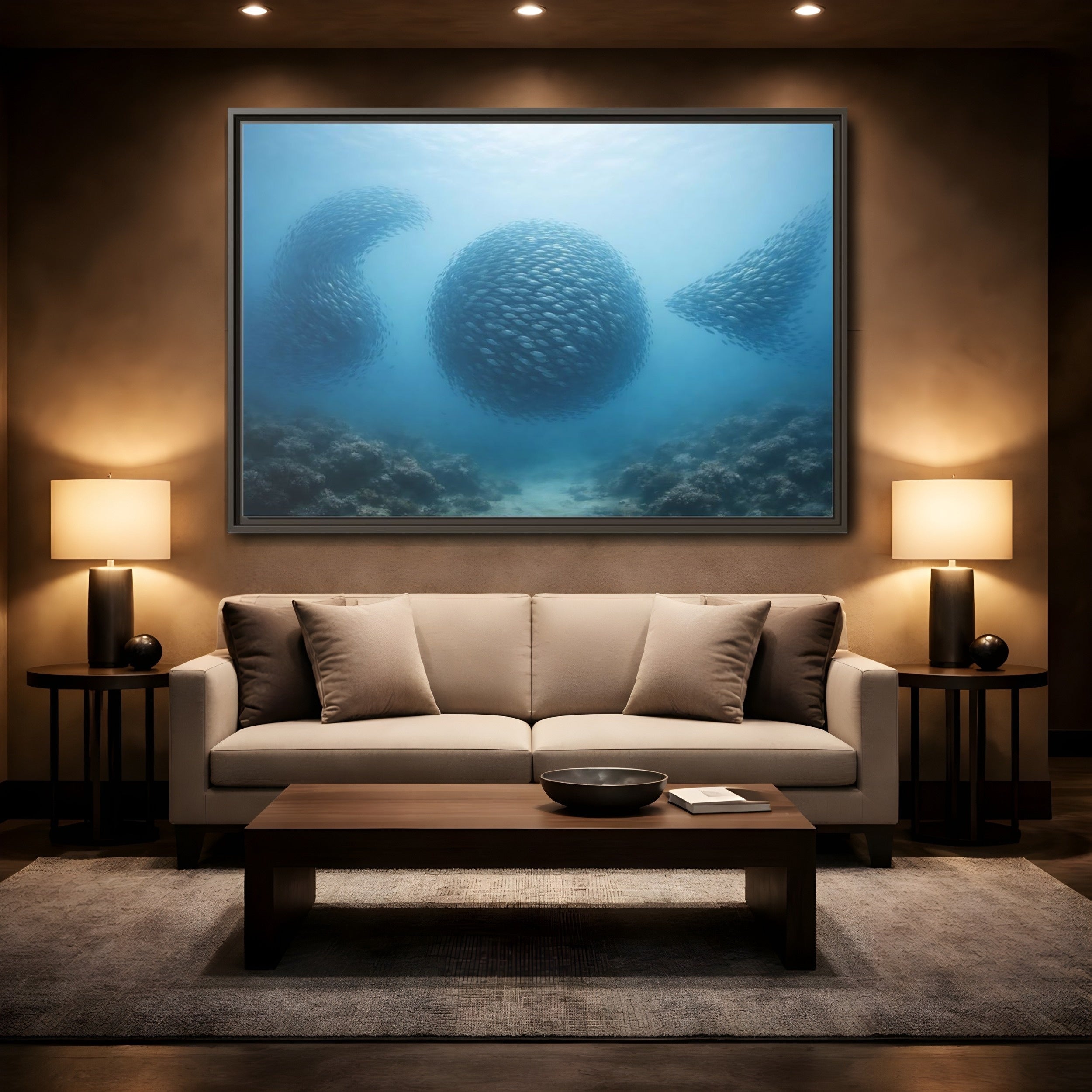 Mockup 2. Nature School Of Fish Blue Underwater shown as stretched canvas wall art