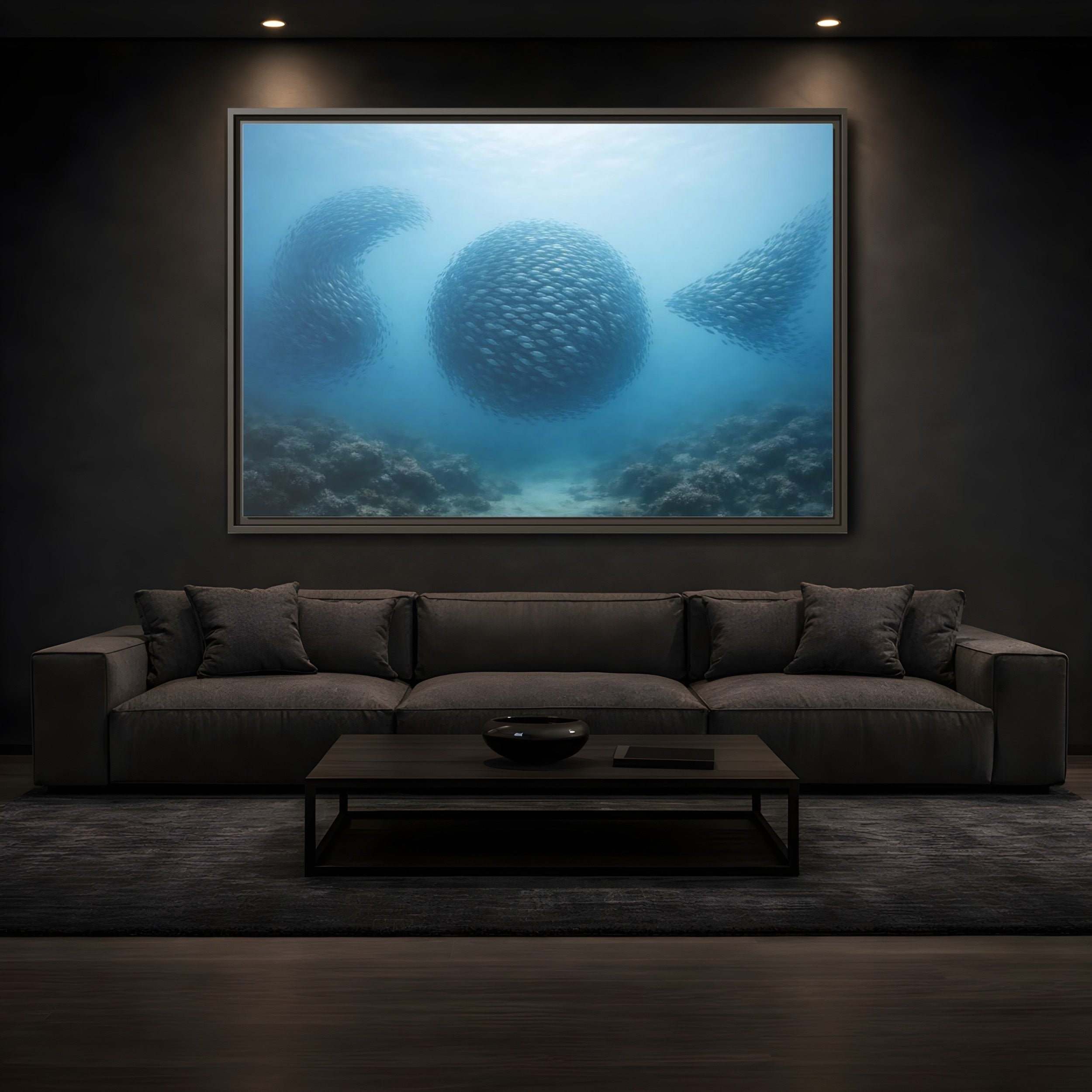 Mockup 3. Nature School Of Fish Blue Underwater shown as stretched canvas wall art