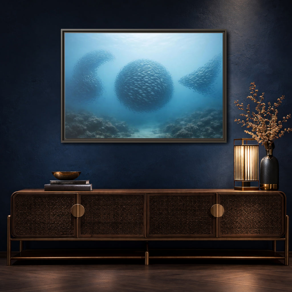 Mockup 4. Nature School Of Fish Blue Underwater shown as stretched canvas wall art