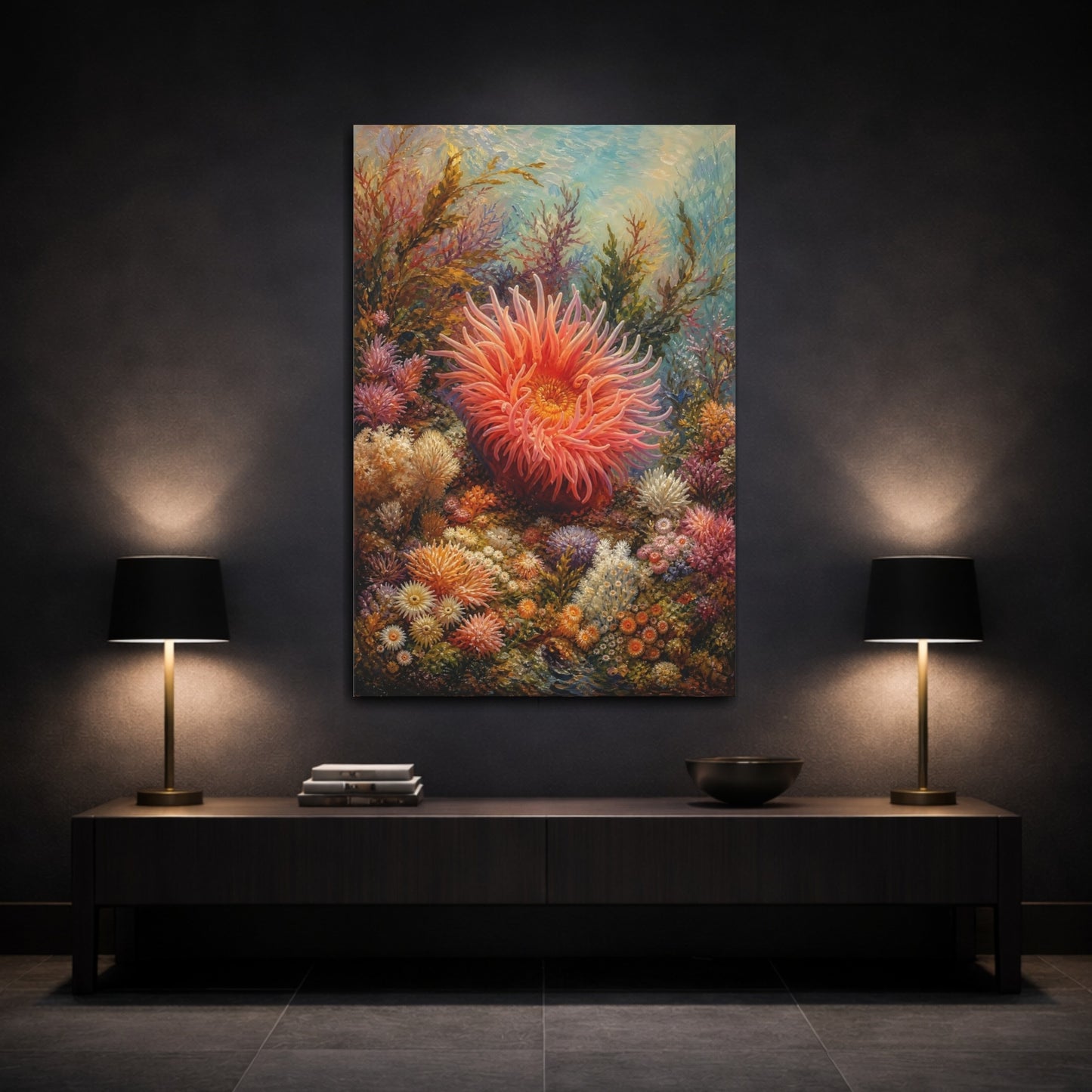 Mockup 3. Nature Sea Anemone Colorful Underwater shown as stretched canvas wall art