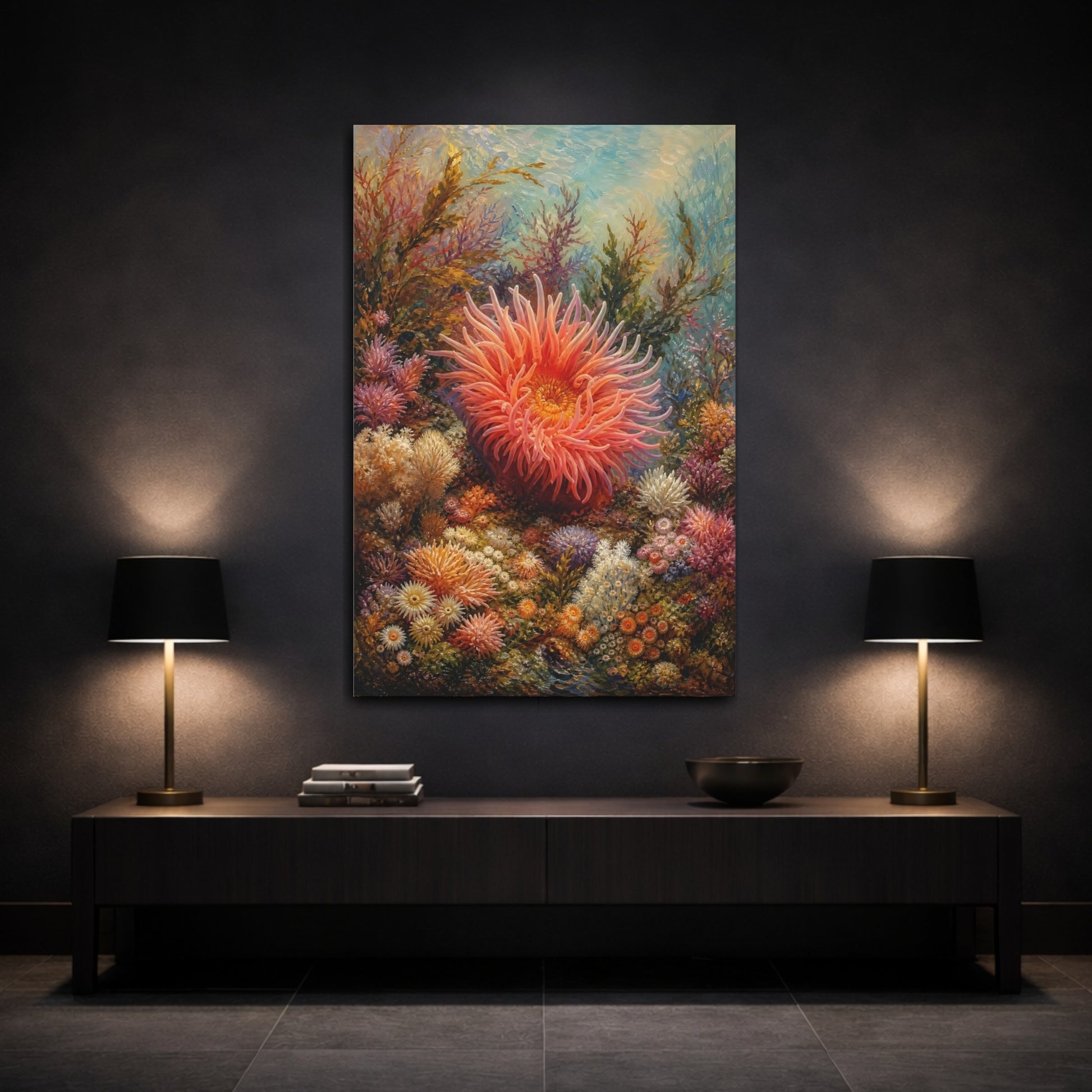 Mockup 3. Nature Sea Anemone Colorful Underwater shown as stretched canvas wall art
