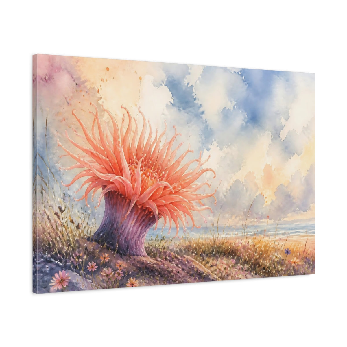 Main Mockup. Nature Sea Anemone Coral Pink Beach shown as stretched canvas wall art