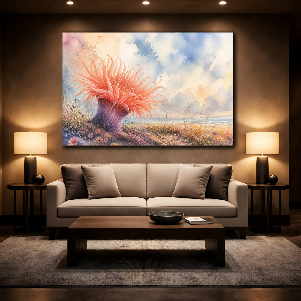Mockup 2. Nature Sea Anemone Coral Pink Beach shown as stretched canvas wall art