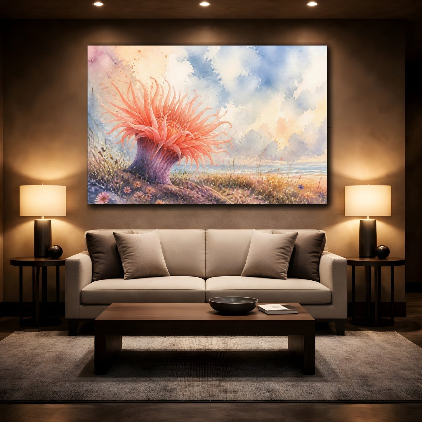 Mockup 2. Nature Sea Anemone Coral Pink Beach shown as stretched canvas wall art