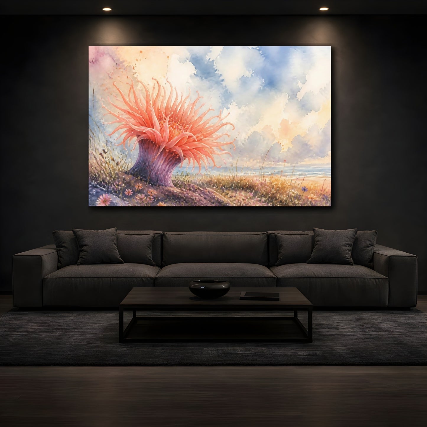 Mockup 3. Nature Sea Anemone Coral Pink Beach shown as stretched canvas wall art