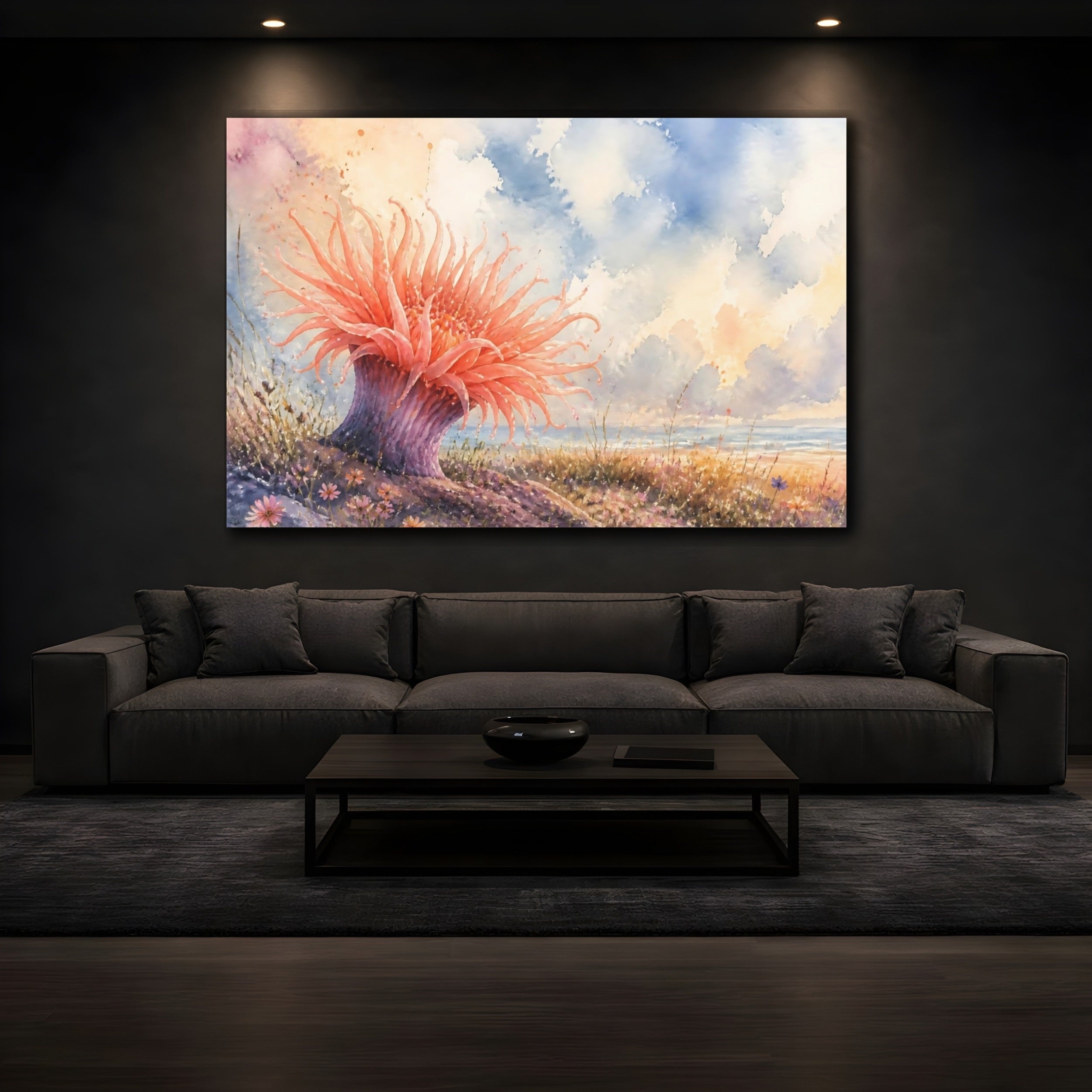 Mockup 3. Nature Sea Anemone Coral Pink Beach shown as stretched canvas wall art