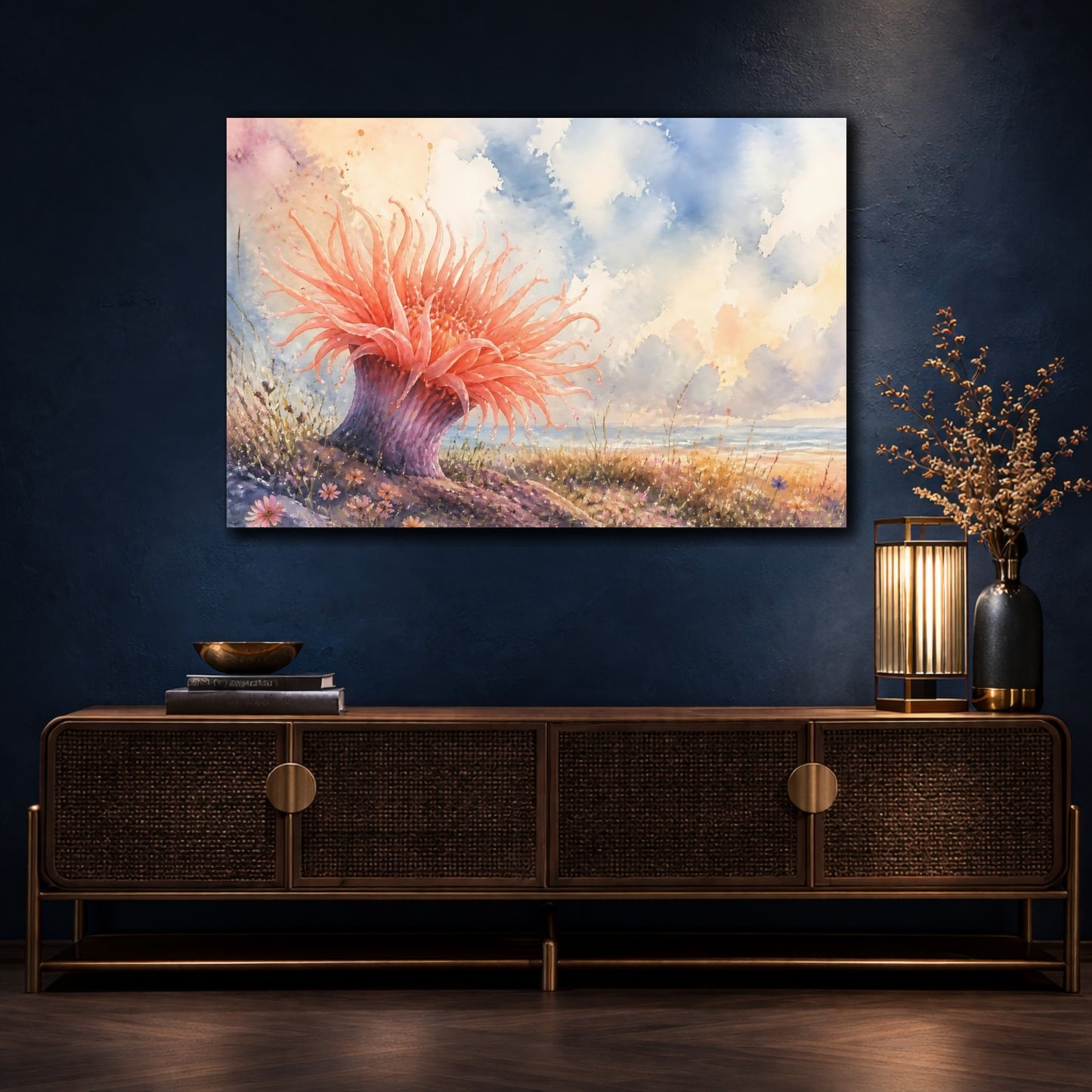 Mockup 4. Nature Sea Anemone Coral Pink Beach shown as stretched canvas wall art