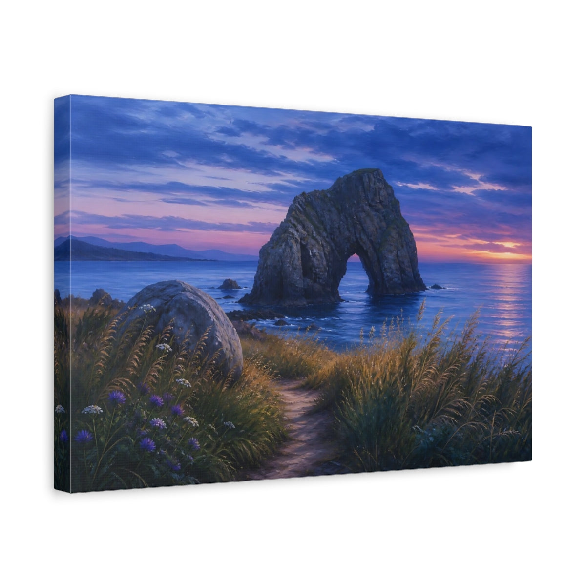Side Mockup 4. Nature Sea Arch Blue Purple Sunset shown as stretched canvas wall art
