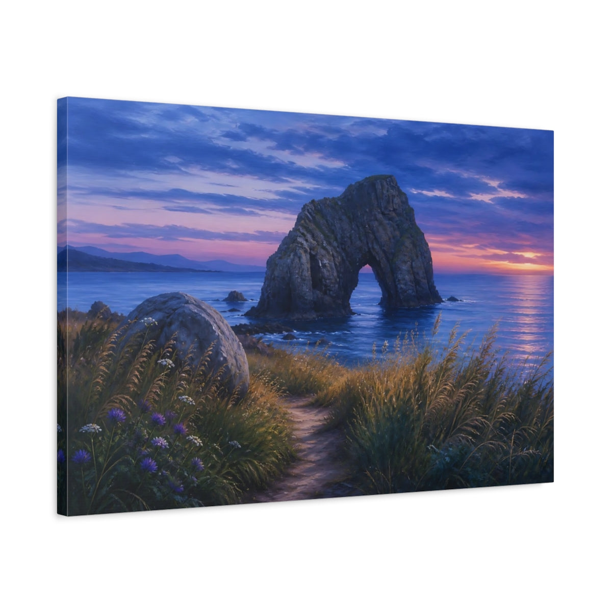 Side Mockup 2. Nature Sea Arch Blue Purple Sunset shown as stretched canvas wall art