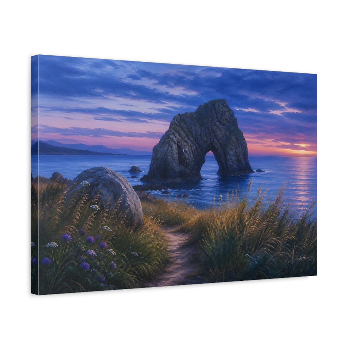 Side Mockup 3. Nature Sea Arch Blue Purple Sunset shown as stretched canvas wall art