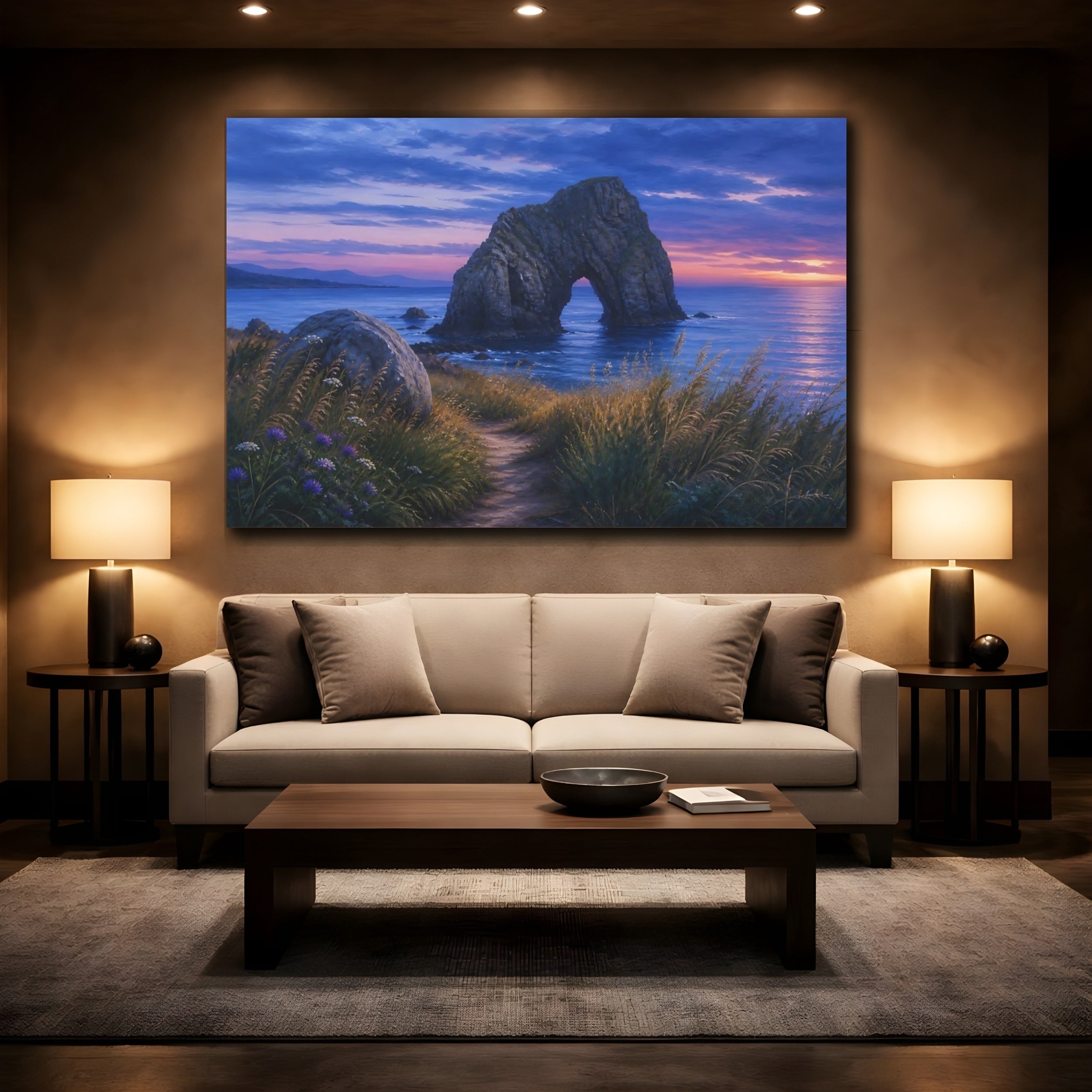 Mockup 2. Nature Sea Arch Blue Purple Sunset shown as stretched canvas wall art