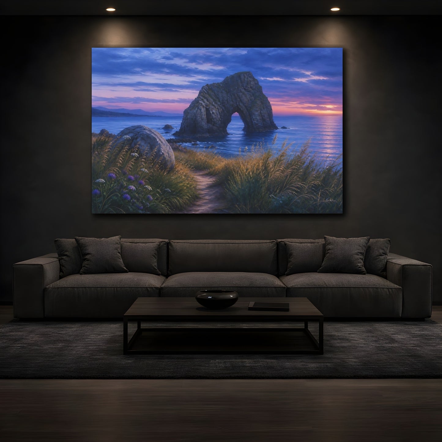 Mockup 3. Nature Sea Arch Blue Purple Sunset shown as stretched canvas wall art