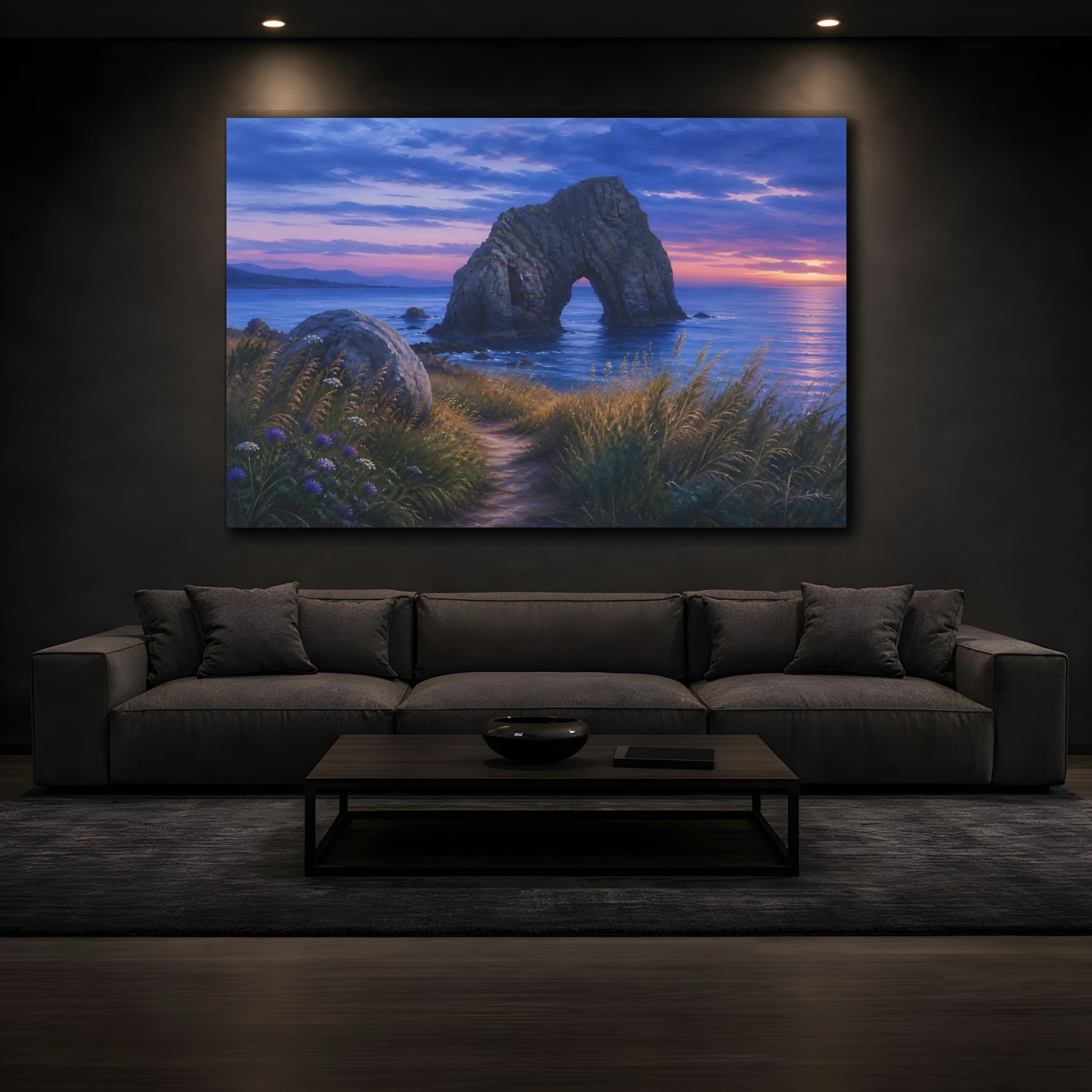 Mockup 3. Nature Sea Arch Blue Purple Sunset shown as stretched canvas wall art