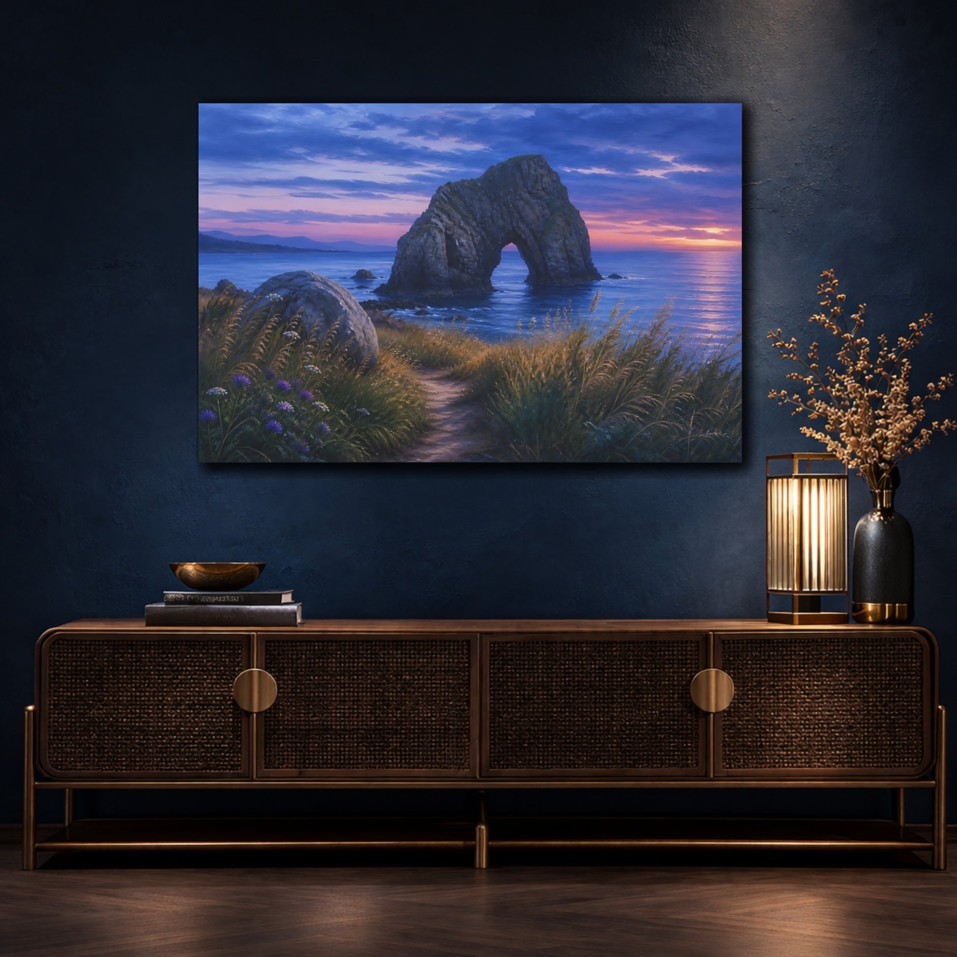 Mockup 4. Nature Sea Arch Blue Purple Sunset shown as stretched canvas wall art