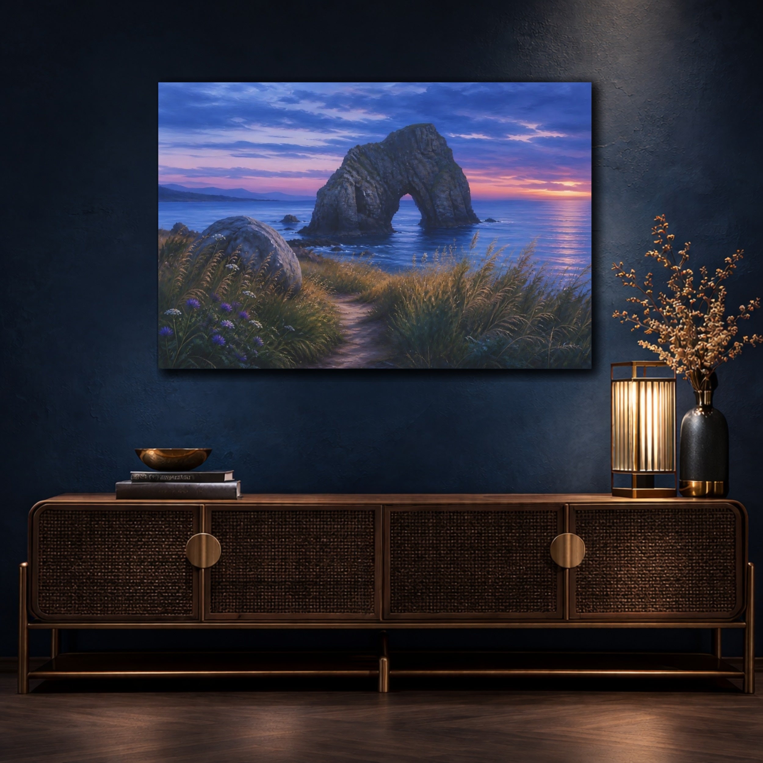 Mockup 4. Nature Sea Arch Blue Purple Sunset shown as stretched canvas wall art