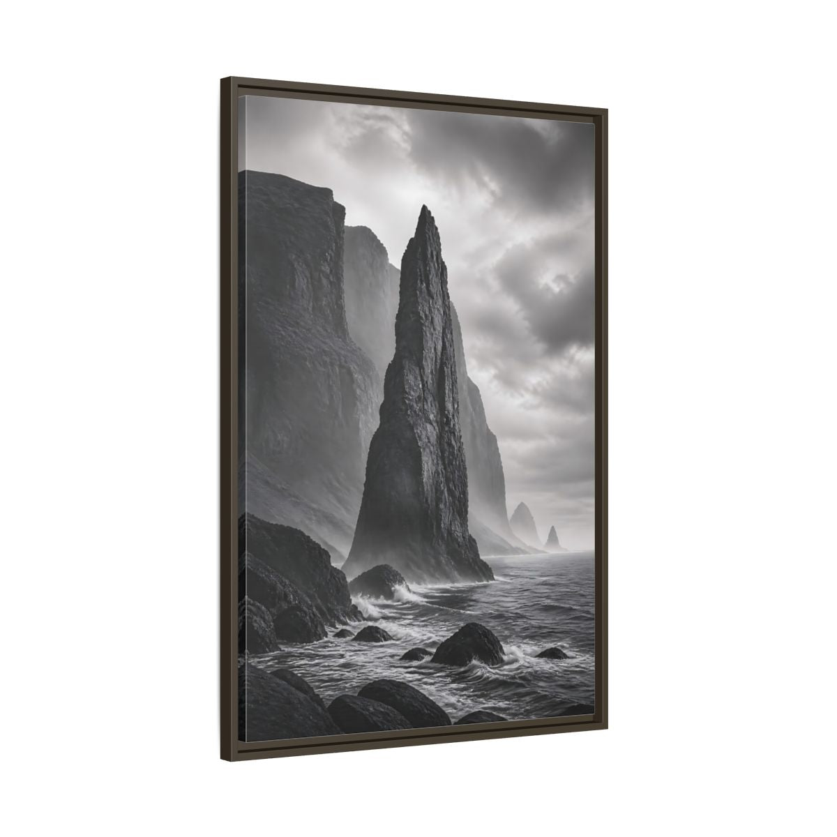 Main Mockup. Nature Sea Stack Black And White Coastal shown as stretched canvas wall art