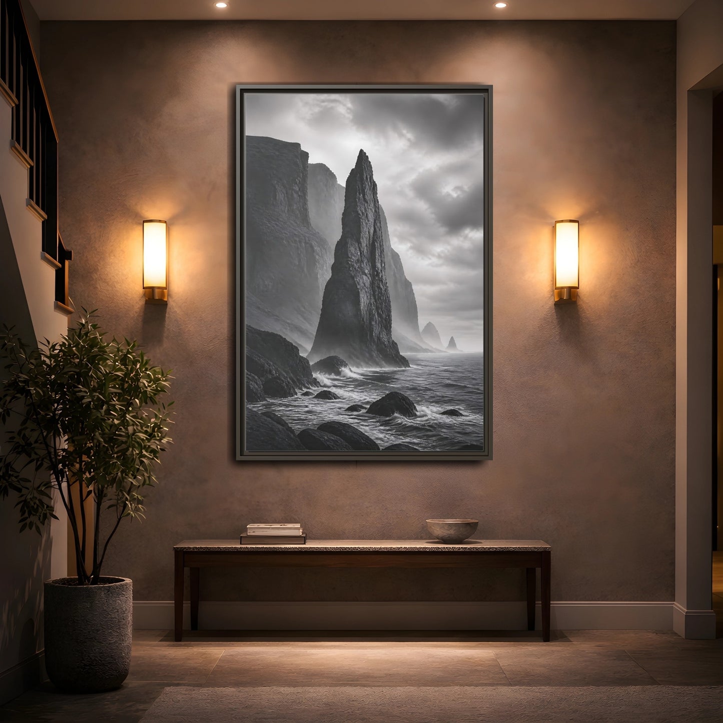 Mockup 2. Nature Sea Stack Black And White Coastal shown as stretched canvas wall art