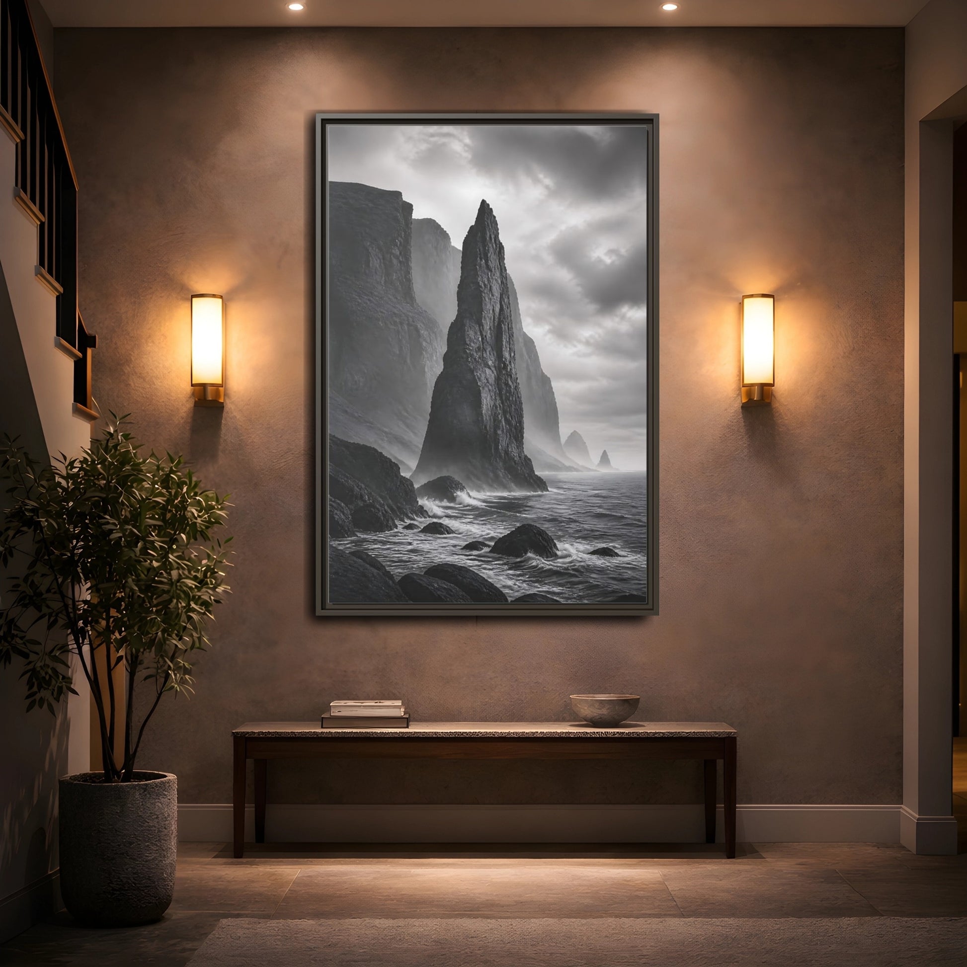 Mockup 2. Nature Sea Stack Black And White Coastal shown as stretched canvas wall art