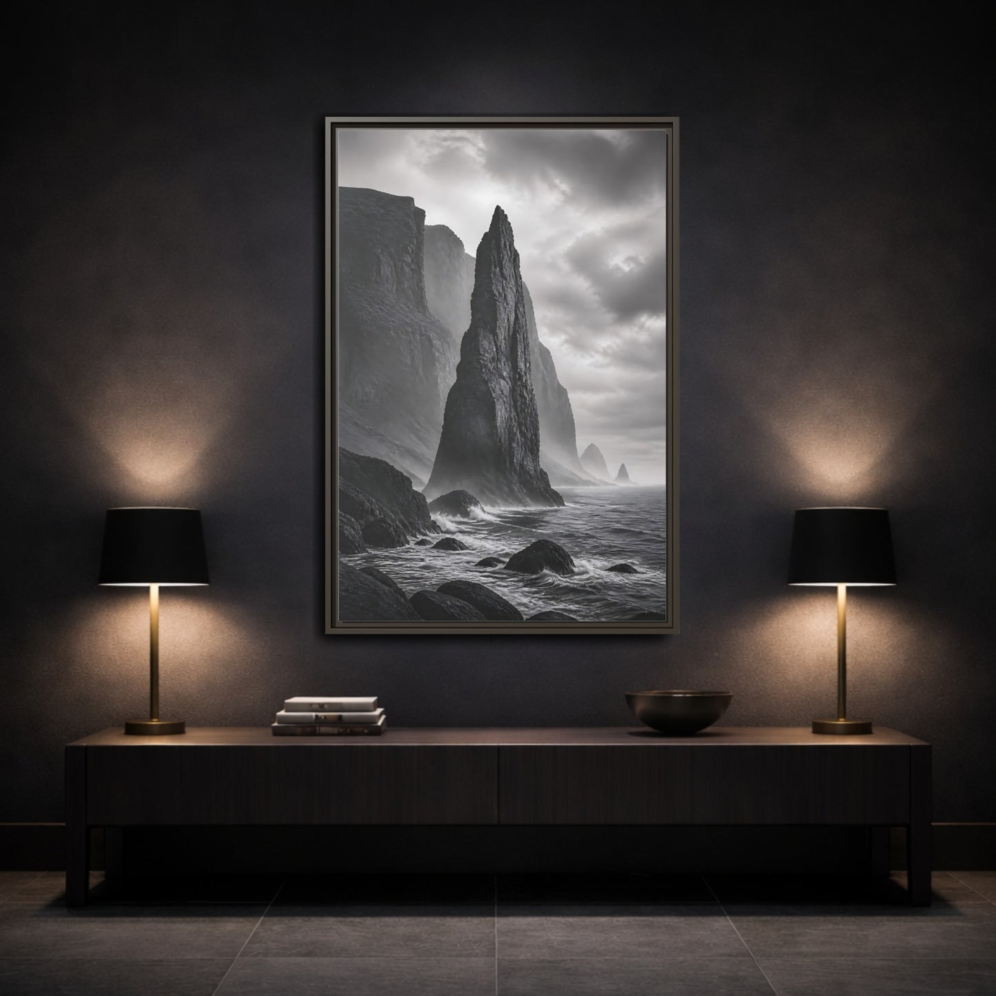Mockup 3. Nature Sea Stack Black And White Coastal shown as stretched canvas wall art