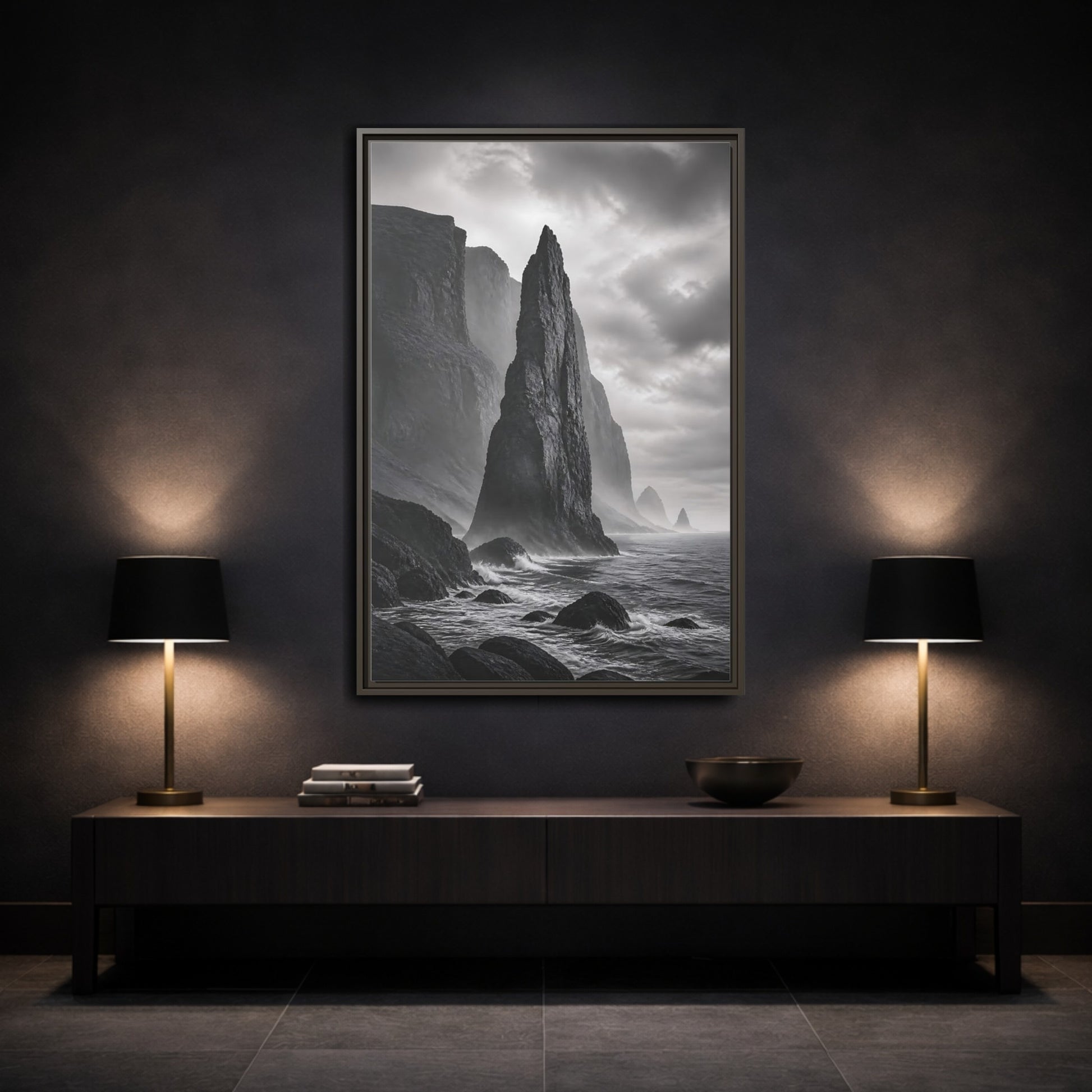 Mockup 3. Nature Sea Stack Black And White Coastal shown as stretched canvas wall art