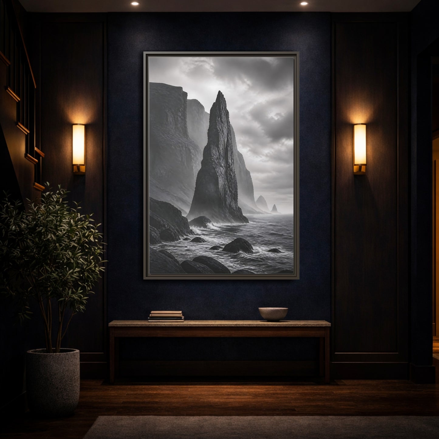 Mockup 4. Nature Sea Stack Black And White Coastal shown as stretched canvas wall art