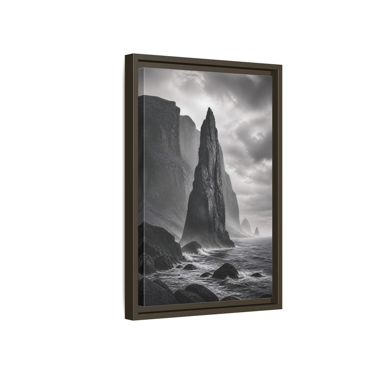 Side Mockup 5. Nature Sea Stack Black And White Coastal shown as stretched canvas wall art