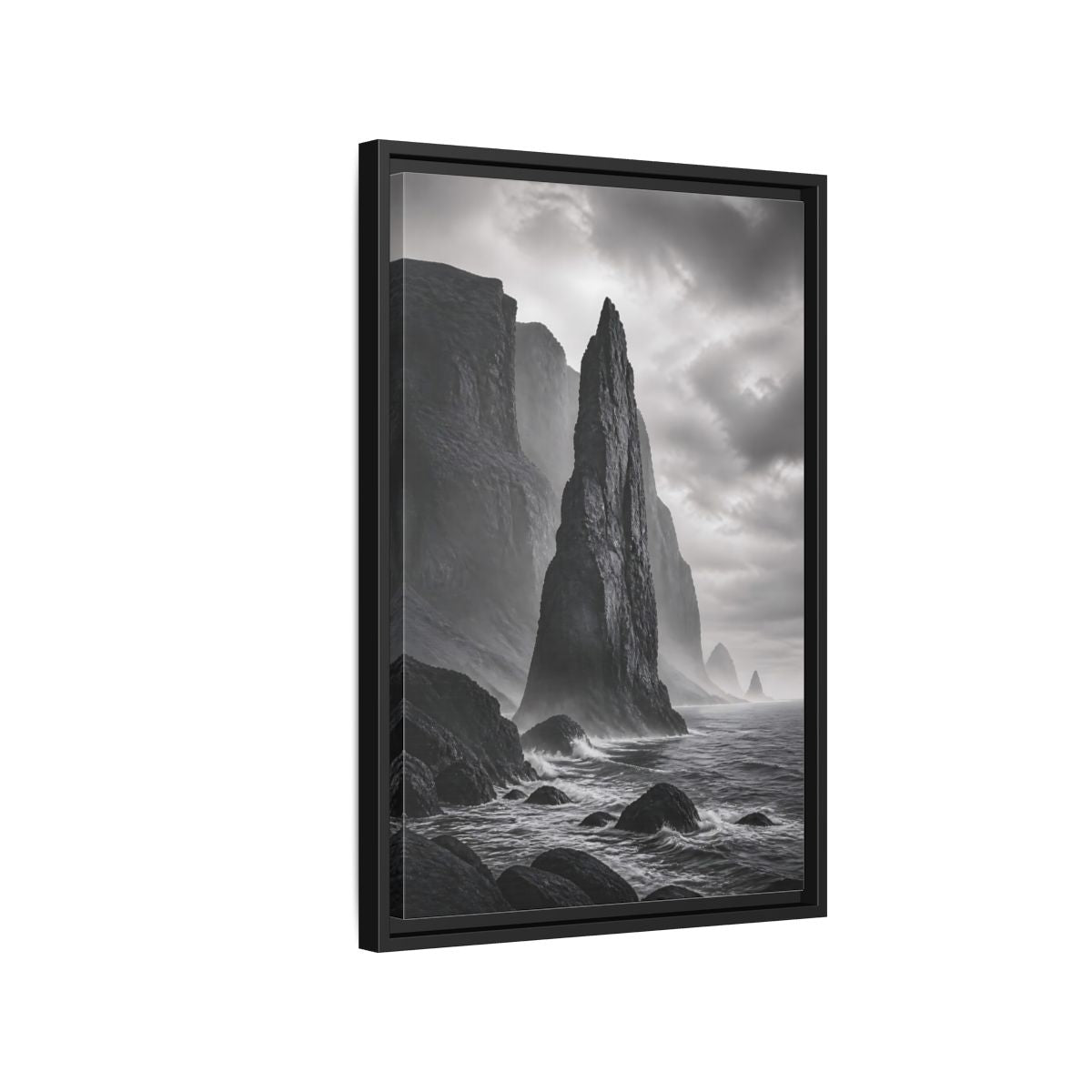 Side Mockup 3. Nature Sea Stack Black And White Coastal shown as stretched canvas wall art