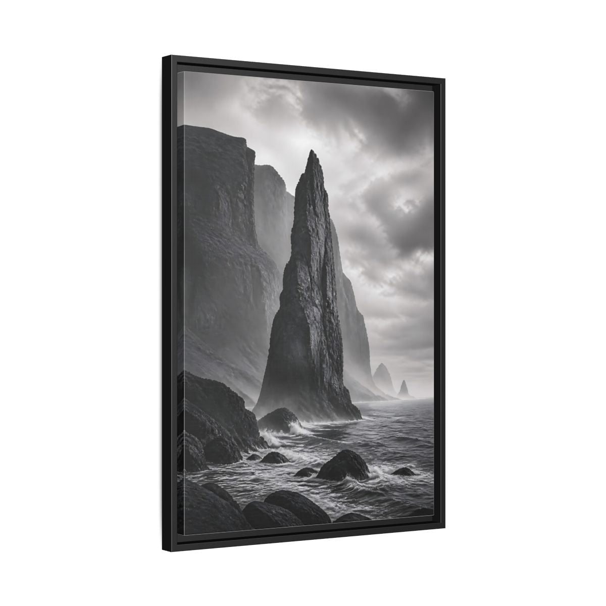 Side Mockup 14. Nature Sea Stack Black And White Coastal shown as stretched canvas wall art