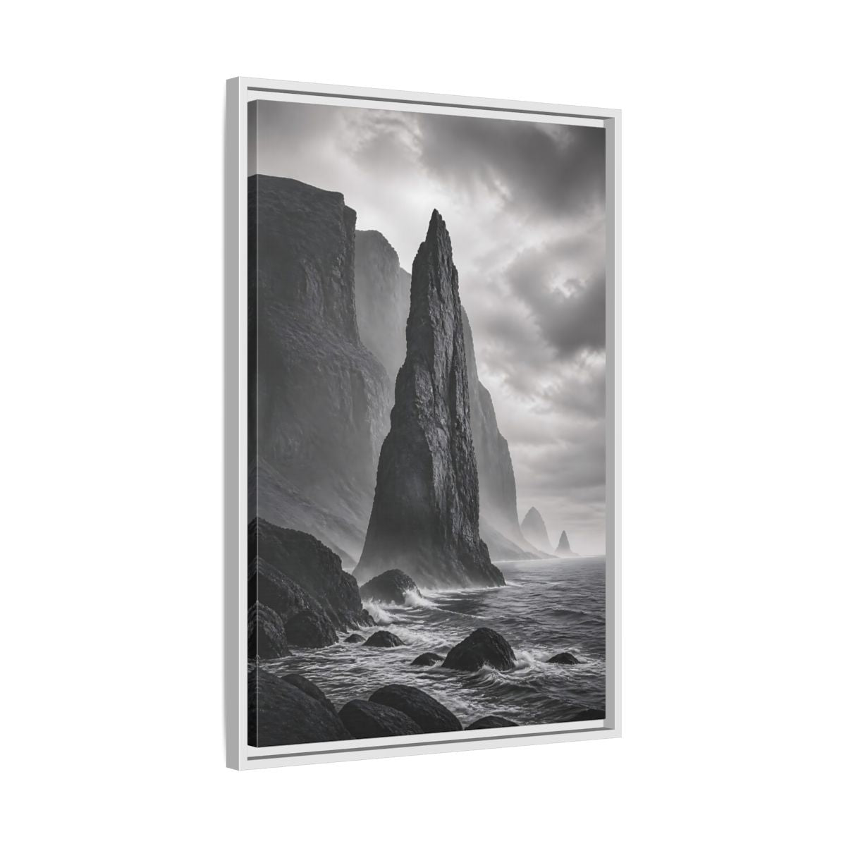 Side Mockup 10. Nature Sea Stack Black And White Coastal shown as stretched canvas wall art