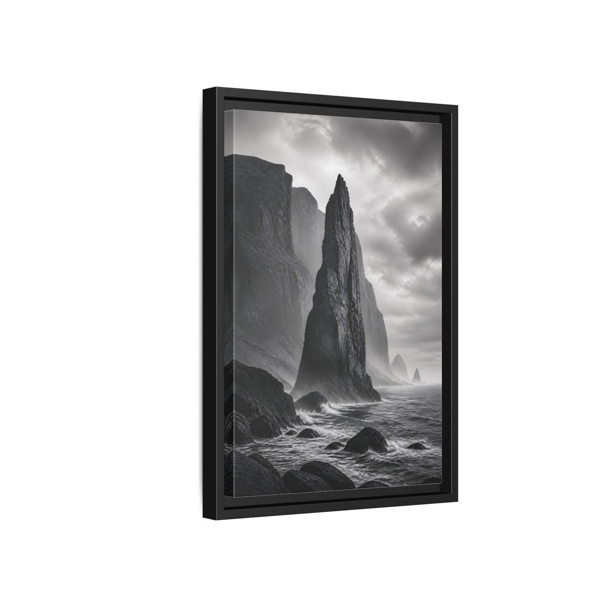 Side Mockup 6. Nature Sea Stack Black And White Coastal shown as stretched canvas wall art