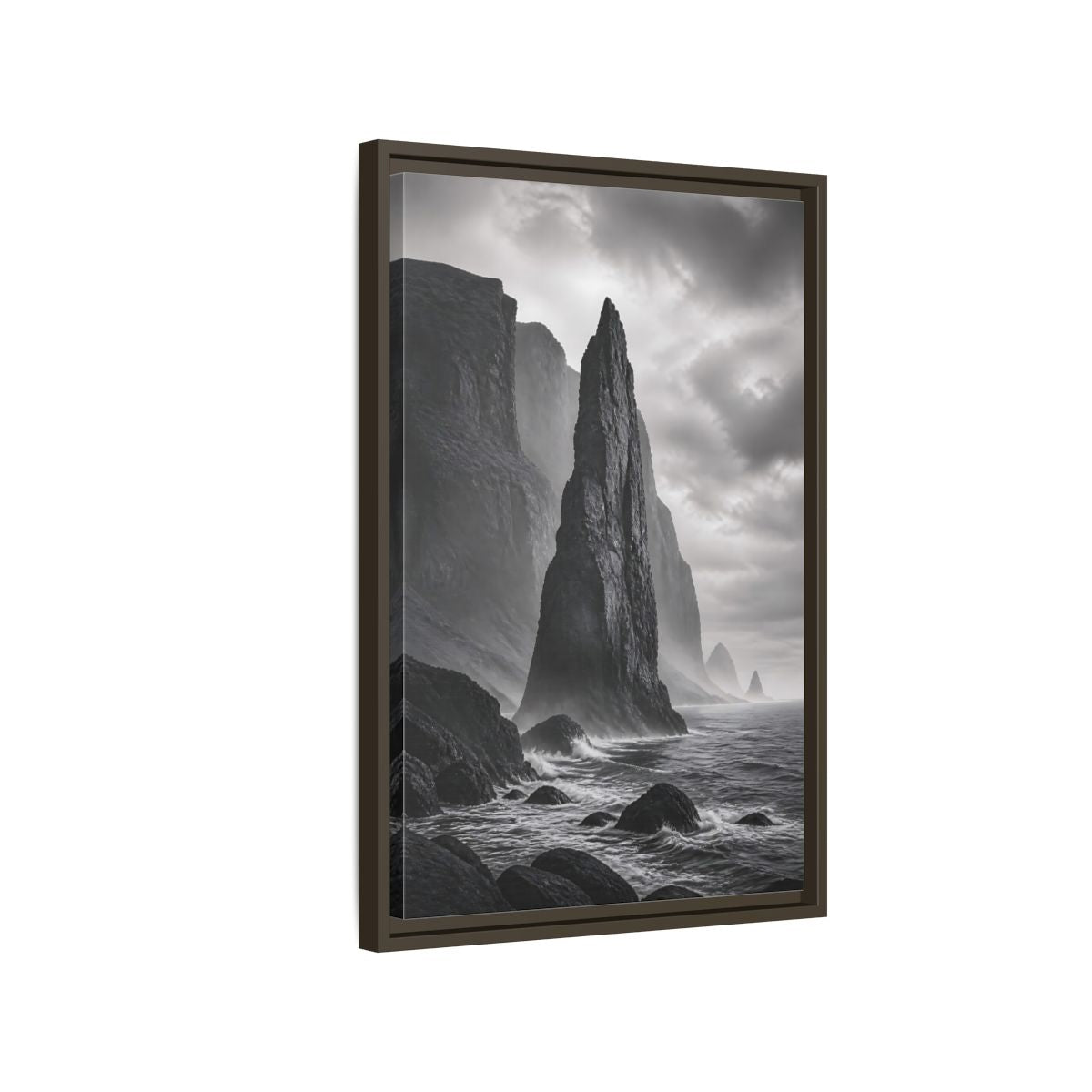 Side Mockup 2. Nature Sea Stack Black And White Coastal shown as stretched canvas wall art