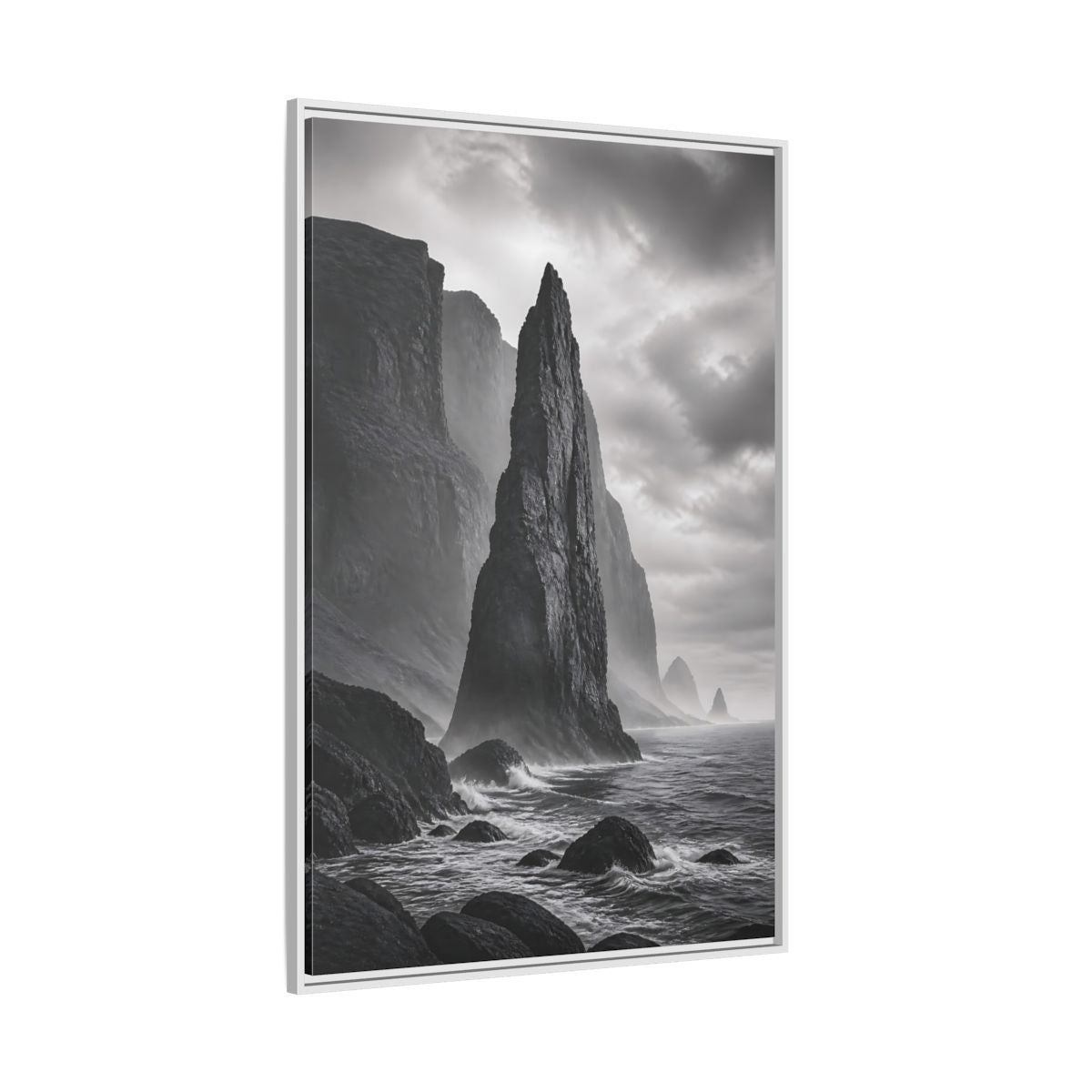 Side Mockup 7. Nature Sea Stack Black And White Coastal shown as stretched canvas wall art