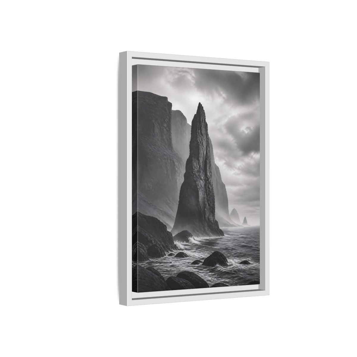 Side Mockup 4. Nature Sea Stack Black And White Coastal shown as stretched canvas wall art