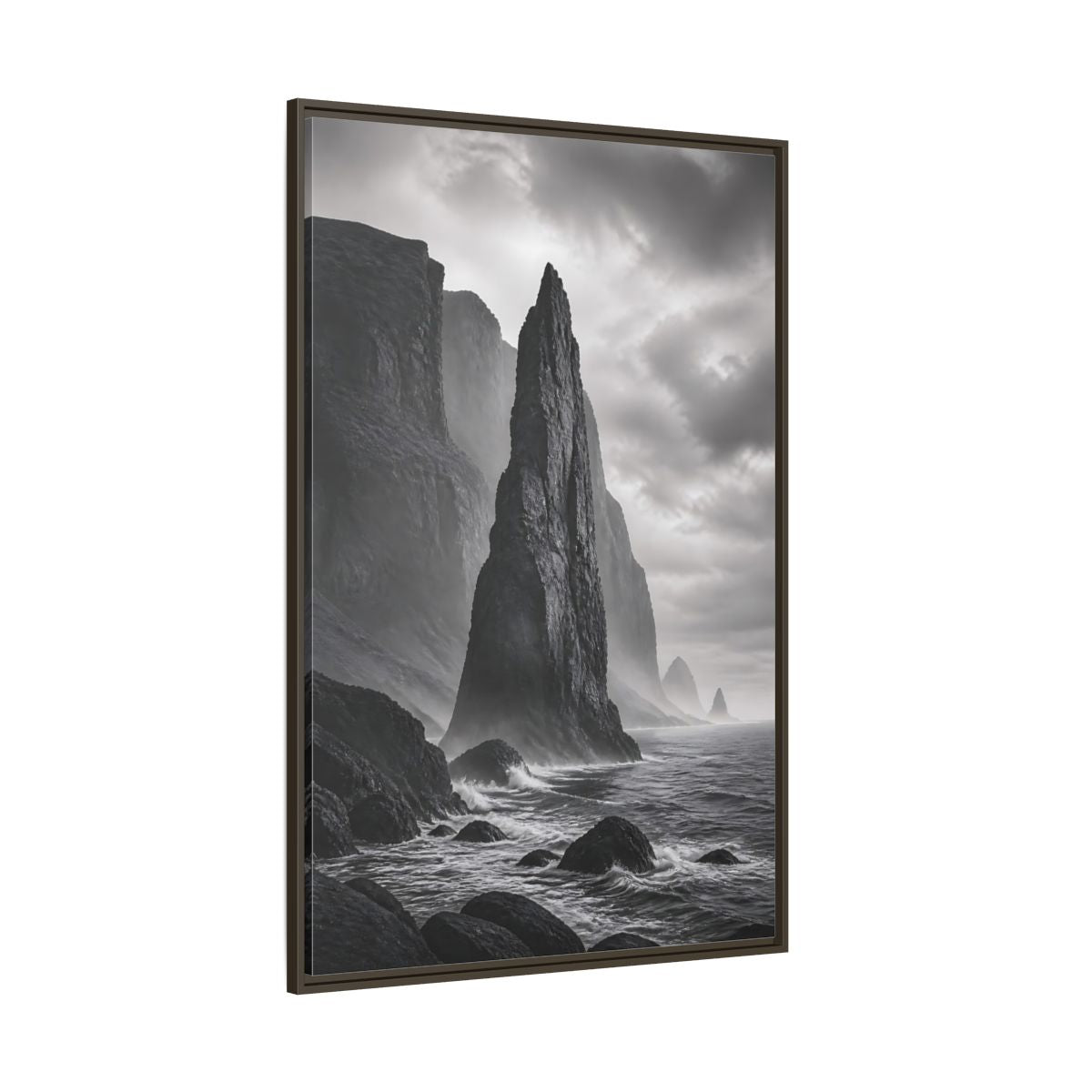 Side Mockup 8. Nature Sea Stack Black And White Coastal shown as stretched canvas wall art