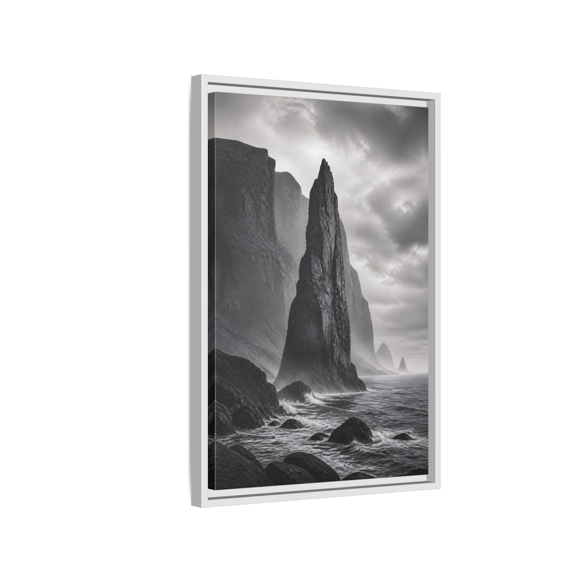 Side Mockup 1. Nature Sea Stack Black And White Coastal shown as stretched canvas wall art