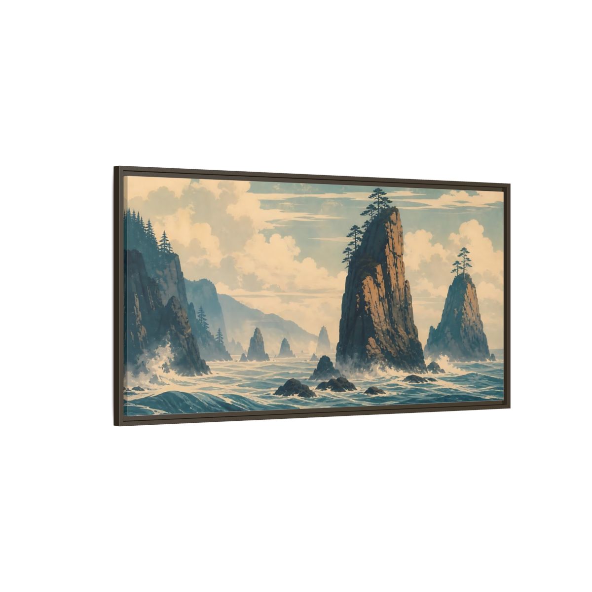 Side Mockup 4. Nature Sea Stacks Blue And Brown Seascape shown as stretched canvas wall art