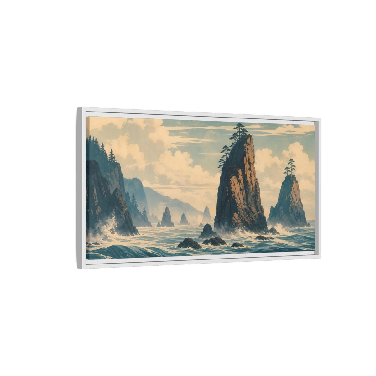 Side Mockup 1. Nature Sea Stacks Blue And Brown Seascape shown as stretched canvas wall art