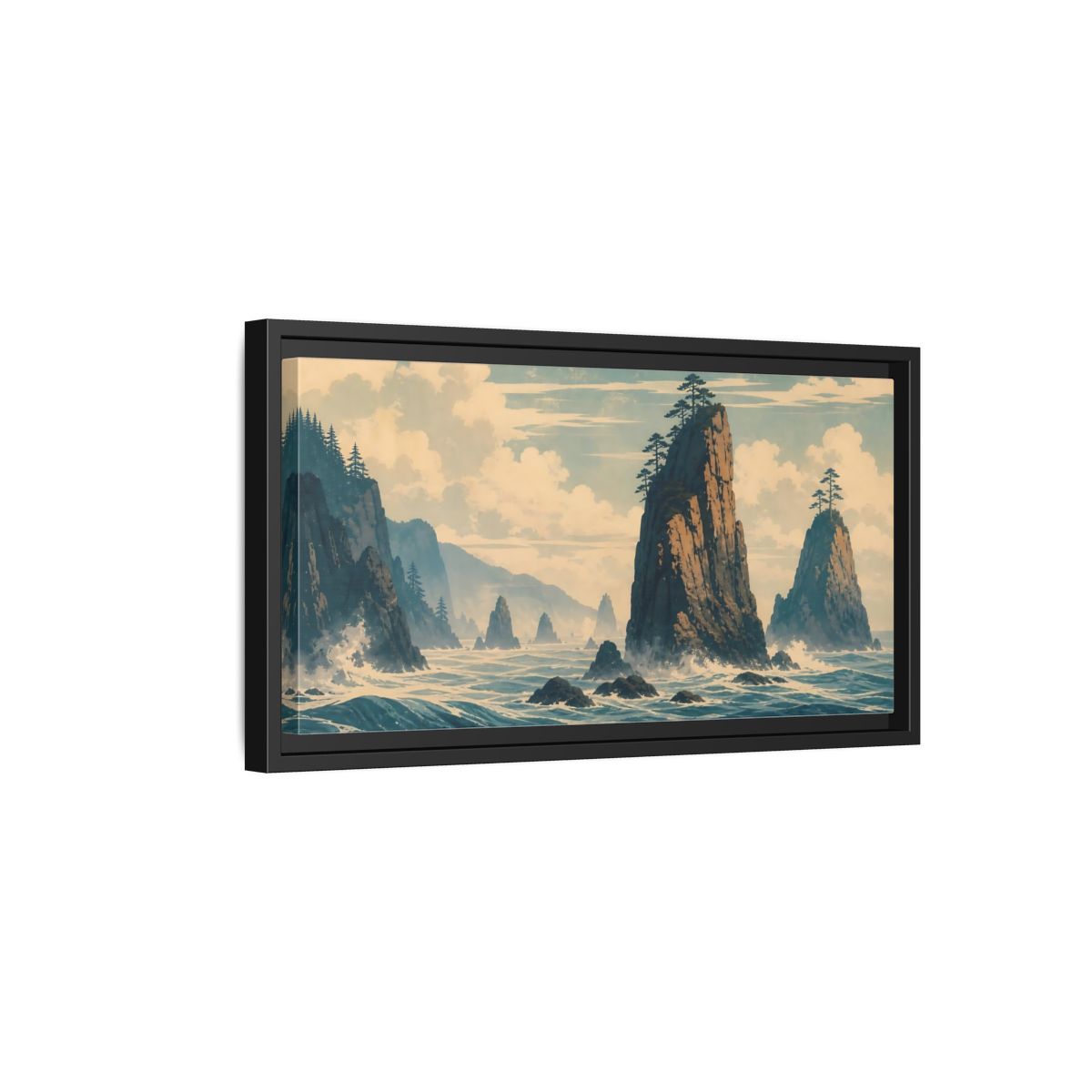 Side Mockup 8. Nature Sea Stacks Blue And Brown Seascape shown as stretched canvas wall art