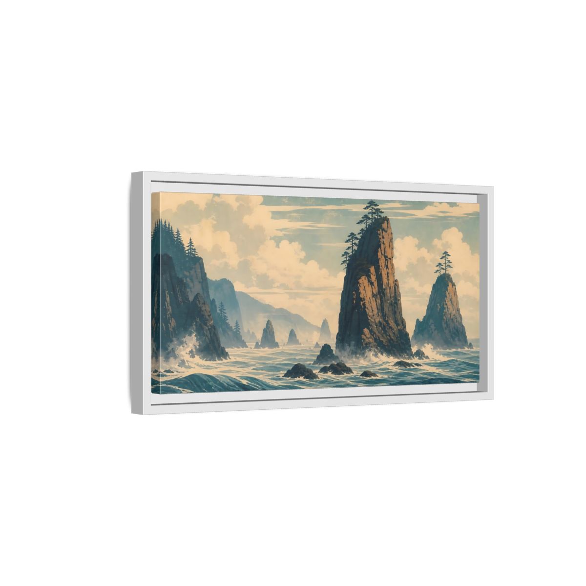 Side Mockup 6. Nature Sea Stacks Blue And Brown Seascape shown as stretched canvas wall art
