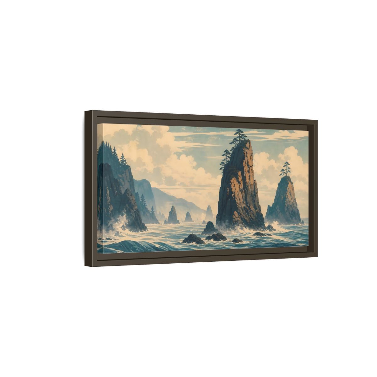 Side Mockup 7. Nature Sea Stacks Blue And Brown Seascape shown as stretched canvas wall art