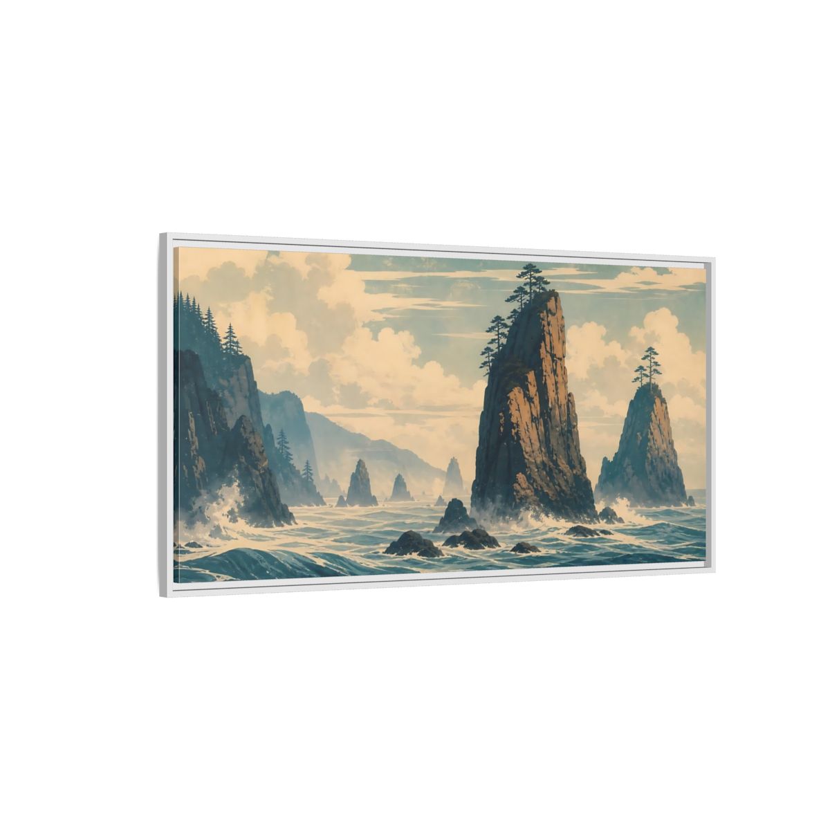 Side Mockup 3. Nature Sea Stacks Blue And Brown Seascape shown as stretched canvas wall art